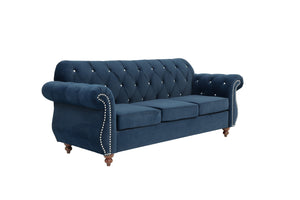 English Elm Formal Velvet Tufted Sofa with Silver Nailhead Trim and Rolled Arms — Elegant 93"L Living Room Statement piece Indigo 34 L x 34 W x 16 H B011S01694