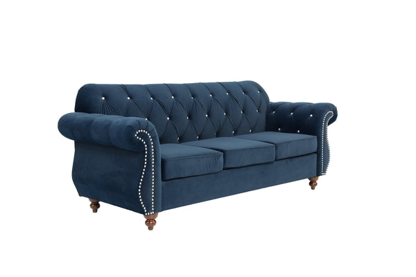 English Elm Formal Velvet Tufted Sofa with Silver Nailhead Trim and Rolled Arms — Elegant 93"L Living Room Statement piece Indigo 34 L x 34 W x 16 H B011S01694