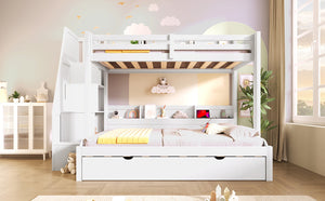 English Elm Twin Over Full Bunk Bed with Stair Drawers Shelves Led Lighting and Usb Port White N7090005013K