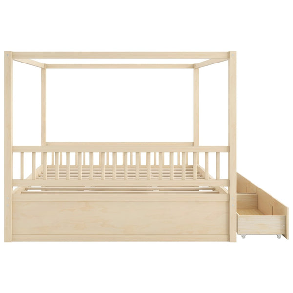 English Elm Wooden Canopy Queen Bed Solid Frame with Built-in Storage Drawers Slatted Base Natural N7090005037N
