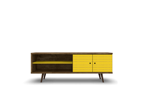 English Elm Liberty 71" TV Stand with Mid-Century Splayed Legs, Wire Management, Drawer & Cubby Storage Brown+Yellow B365P398386