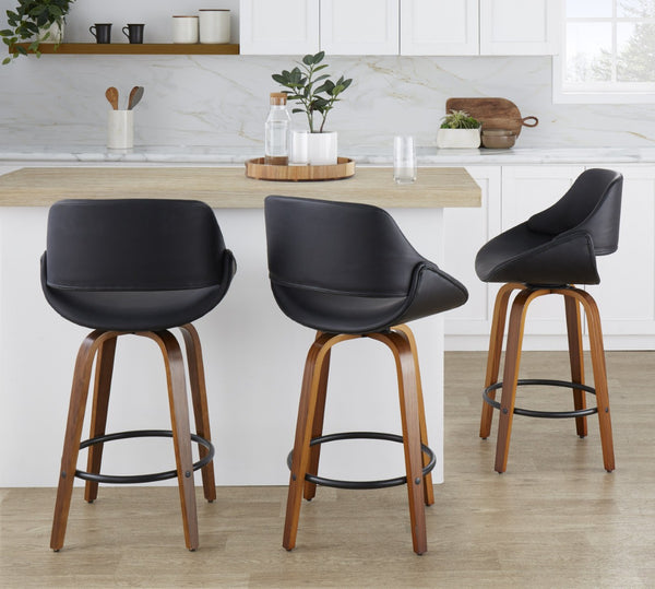 English Elm Mid-century Modern Swivel Counterstools Set of 2 Walnut Bent Wood Faux Leather Seats B202P291079