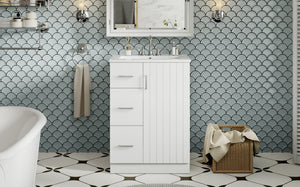 English Elm 24" Modern Bathroom Vanity with Under-Mount Sink, Vertical Stripe Design, 2 Drawers & Soft-Close Cabinet White N710P288936K
