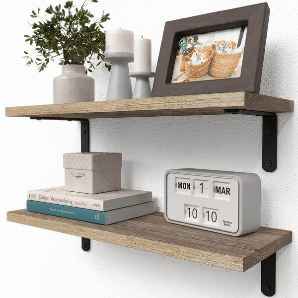 English Elm Rustic Paulownia Wood Shelves Set of 2 — Farmhouse Floating Wall Shelves 16.5" Durable 40lb Capacity W2181P194278