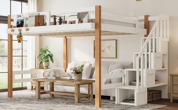 English Elm Twin Pine Wood Loft Bed with Built-in Shelving and Hook for Kids Bedroom W5305S00011