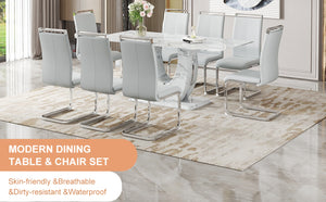 English Elm Table Modern Marble Pattern 9-Piece Dining Set – 71" Tempered Glass Table & 8 Light Gray Chairs W1151S02121-GIGA