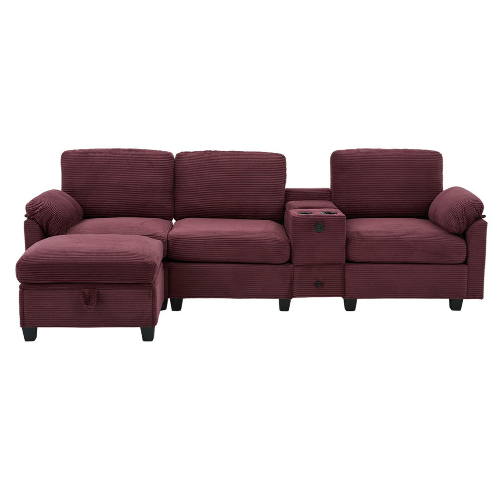 English Elm United L-Shaped Multifunctional Corduroy Sofa: 4-Seater With Usb Ports, Cup Holders & Storage Solutions W1568S00220-GIGA