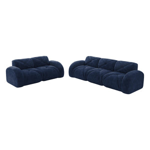 English Elm Three Seater Chenille Sofa with Ottoman Solid Wood Base Tufted Arms Living Room Blue W714S01644