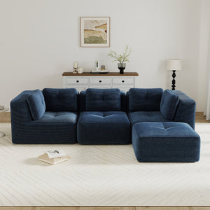 English Elm Modern Corduroy Sectional Sofa Tufted 3 Seater with Movable Ottoman Deep Seat Blue W714S01802
