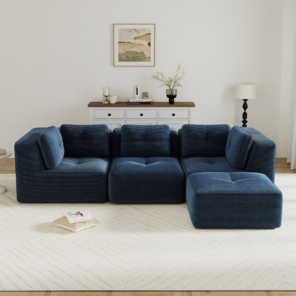 English Elm Modern Corduroy Sectional Sofa Tufted 3 Seater with Movable Ottoman Deep Seat Blue W714S01802