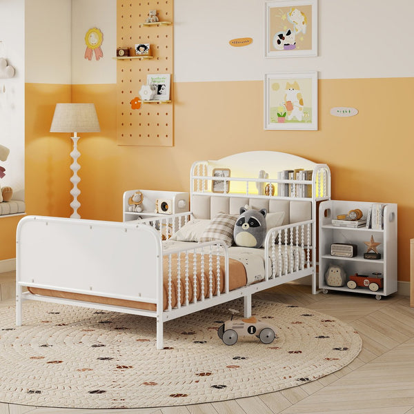English Elm Twin Solid Wood Platform Bed with Guardrail for Kids, Low-Profile Sturdy Pine Frame, Safe Sleep Solution White 45.87 L x 17.72 W x 11.22 H W2593P337454