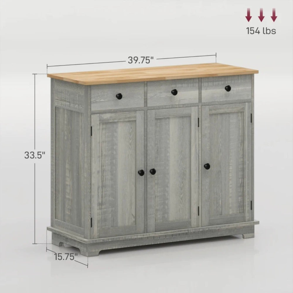 English Elm Entryway Floor Cabinet with Three Drawers Adjustable Shelf and Rubberwood Top T3971P465977