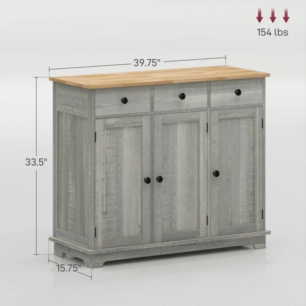 English Elm Entryway Floor Cabinet with Three Drawers Adjustable Shelf and Rubberwood Top T3971P465977