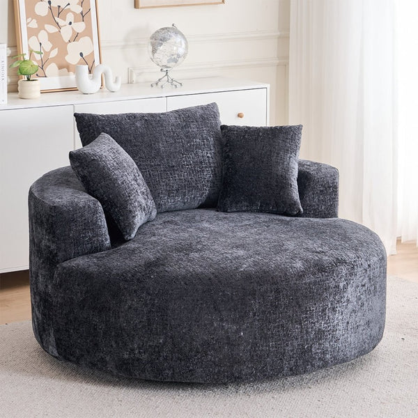 English Elm Round Swivel Barrel Chair Plush Chenille Upholstery Cozy Accent Seat for Any Room Black W2915P338890
