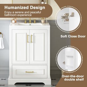 English Elm 24"Bathroom Modern Vanity with Ceramic Sink, Solid Wood Frame, Soft-Close Doors & Smart Storage System White N729P321378K