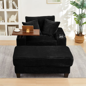 English Elm Fluffy Corduroy Storage Armrest Sofa with Ottoman, Bluetooth Speaker, USB, 180° Swivel Desk Black W3705P349933