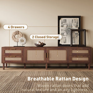 English Elm 78 Inch Rattan Media Console with Pine Legs Four Drawers Modern Living Room Tv Stand N710P365048P