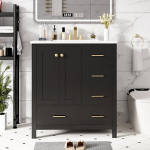 English Elm 30'' Elegant Freestanding Bathroom Vanity With Ceramic Sink, Soft-Close Drawers & Timeless Black Finish N710P194420B