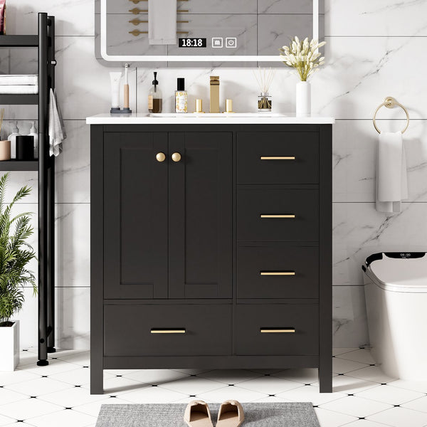 English Elm 30'' Elegant Freestanding Bathroom Vanity With Ceramic Sink, Soft-Close Drawers & Timeless Black Finish N710P194420B