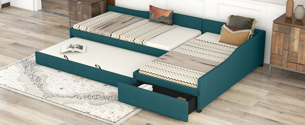 English Elm Upholstered Twin Daybed with Pull Out Trundle Linen Blend Sofa Style Studio Bed Green GX001316AAF