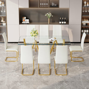 English Elm Tempered Glass Rectangular Dining Set Seats 8 with Glam Metal Legs Pu Leather Chairs Gold,White W3875S00055