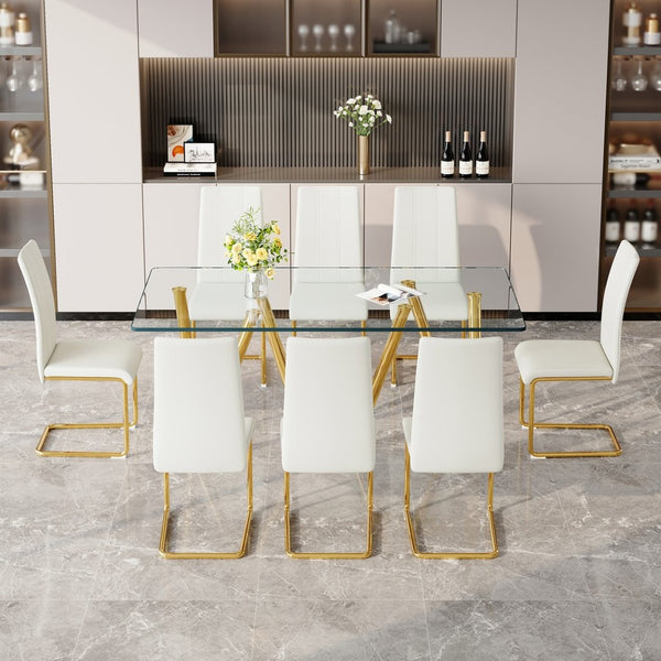 English Elm Tempered Glass Rectangular Dining Set Seats 8 with Glam Metal Legs Pu Leather Chairs Gold,White W3875S00055