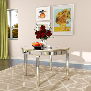English Elm 47.24" Round Glass Dining Table with Mirror Top Silver Vintage Gold Geometric Frame Elegant Centerpiece W3207P285434
