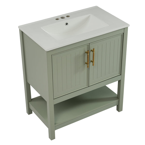 English Elm 30-Inch Green Bathroom Vanity With Ceramic Sink, Elegant Design, Smart Storage For Small Spaces WF325888AAF