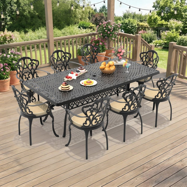 English Elm 9-piece Cast Aluminum Outdoor Dining Set with Ornate Carved Patio Design W1710S00612