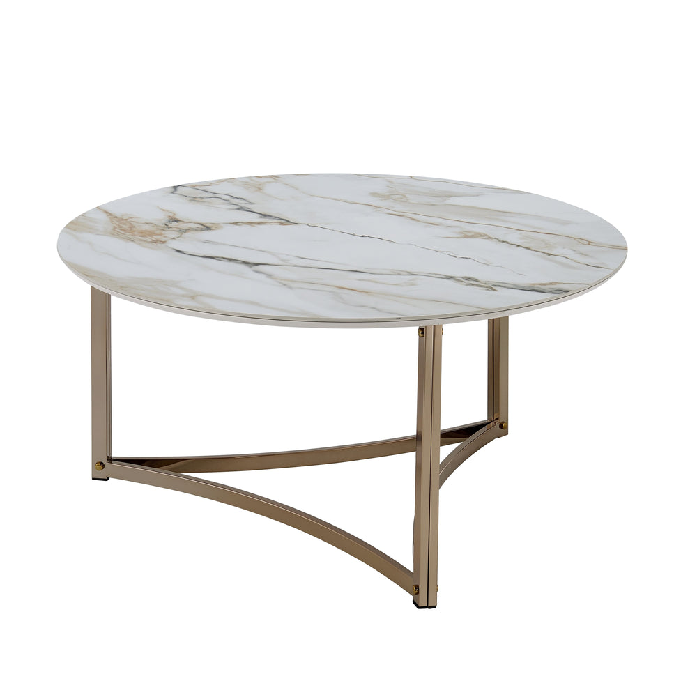 English Elm Aziz Round Sintered Stone Coffee Table with Champagne Metal Frame, Curved Crossbar Modern Centerpiece White 41 L x 39.25 W x 7.75 H B2726P245883