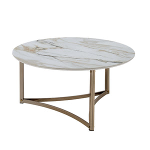 English Elm Aziz Round Sintered Stone Coffee Table with Champagne Metal Frame, Curved Crossbar Modern Centerpiece White 41 L x 39.25 W x 7.75 H B2726P245883