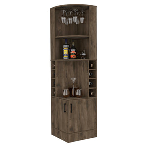 English Elm Seattle Corner Bar Cabinet with 8 Bottle Cubbies, Glass Racks & 2 Open Display Shelves — Modern Elegance B128P176131