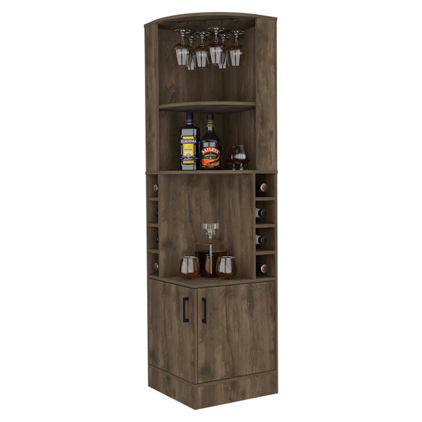 English Elm Seattle Corner Bar Cabinet with 8 Bottle Cubbies, Glass Racks & 2 Open Display Shelves — Modern Elegance B128P176131