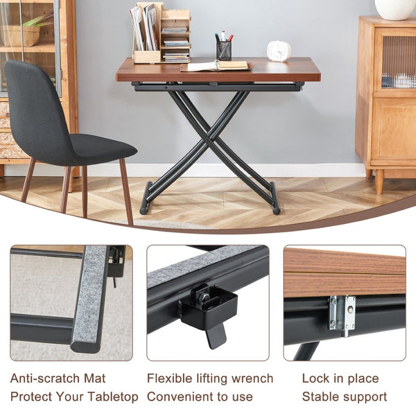 English Elm Modern Adjustable Lift Table Walnut Grain Mdf Top Slim Metal Legs Home Office Use Black + Dark Walnut W1151P303874