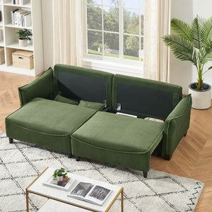 English Elm Sofa Green Corduroy 3-Seater Convertible Sofa Bed with Two Throw Pillows, Solid Wood Frame, 500lb Capacity W1278S00038
