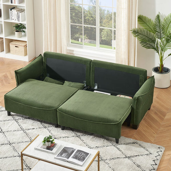 English Elm Sofa Green Corduroy 3-Seater Convertible Sofa Bed with Two Throw Pillows, Solid Wood Frame, 500lb Capacity W1278S00038