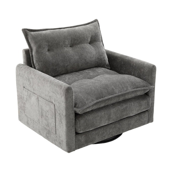 English Elm UNITED Swivel Barrel Chair with Chenille Upholstery, 360° Smooth Rotation, Padded Arm Comfort and Side Pockets for Living Room Relaxation Gray W1568P290087