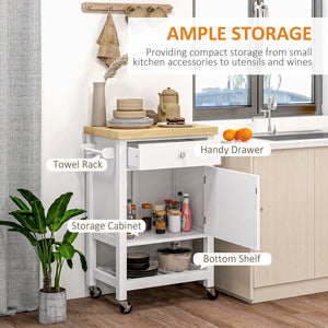 English Elm HOMCOM Rolling Kitchen Cart with Rubberwood Butcher Block Top, Drawer Cabinet Shelf & Towel Rack White W2225P217386
