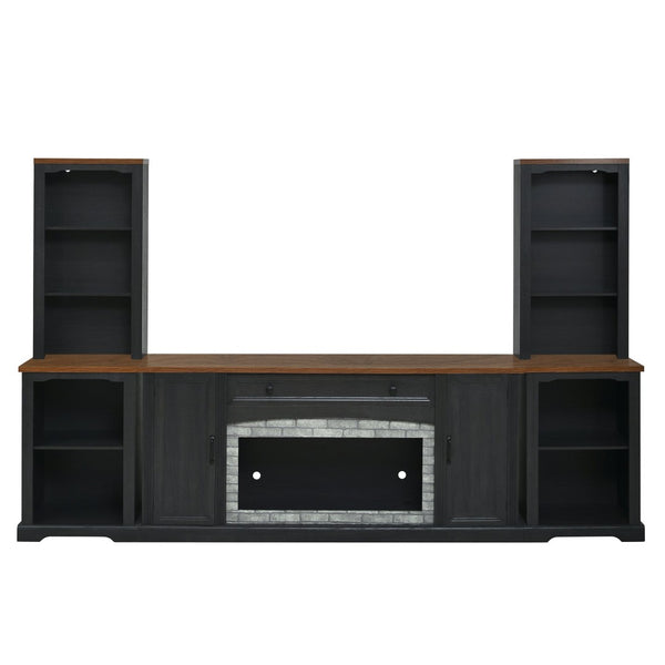 English Elm 3-piece Farmhouse Entertainment Center with Curved Cabinets Walnut Mdf Modular Living Room Black N721S000068B