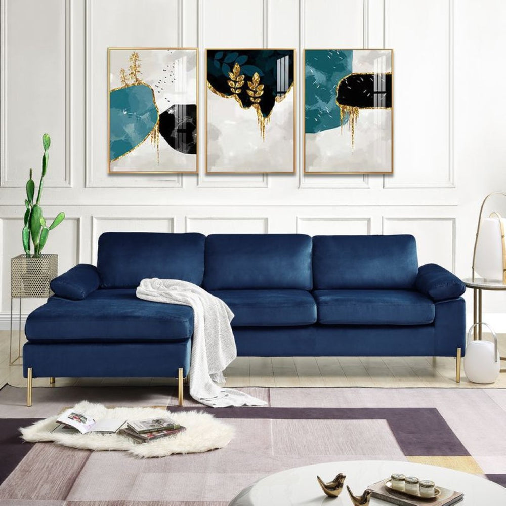 English Elm Coastal Tufted Velvet L-shaped Sectional Sofa with Brass Gold Legs Mid-century Glam Blue B2730S00017
