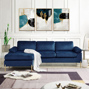English Elm Coastal Tufted Velvet L-shaped Sectional Sofa with Brass Gold Legs Mid-century Glam Blue B2730S00017
