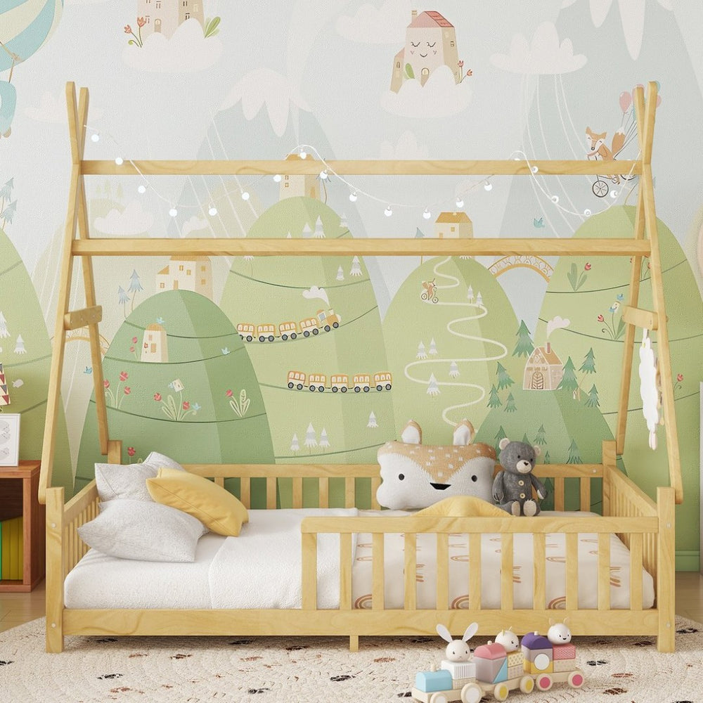 English Elm Twin Montessori Floor Bed House Frame with Led Lighting and Safety Rails for Kids Natural W2593P440591