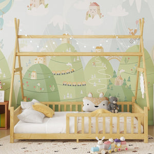 English Elm Twin Montessori Floor Bed House Frame with Led Lighting and Safety Rails for Kids Natural W2593P440591