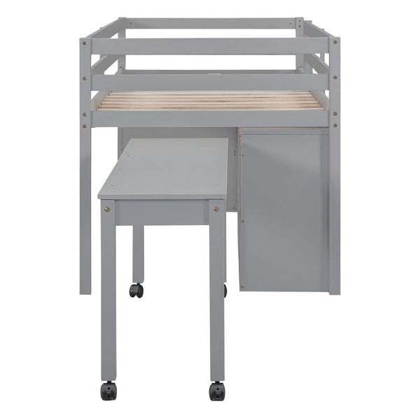 English Elm Twin Loft Bed Pinewood Frame Four Drawers Retractable Study Desk Kids Bedroom Gray LT000368AAE