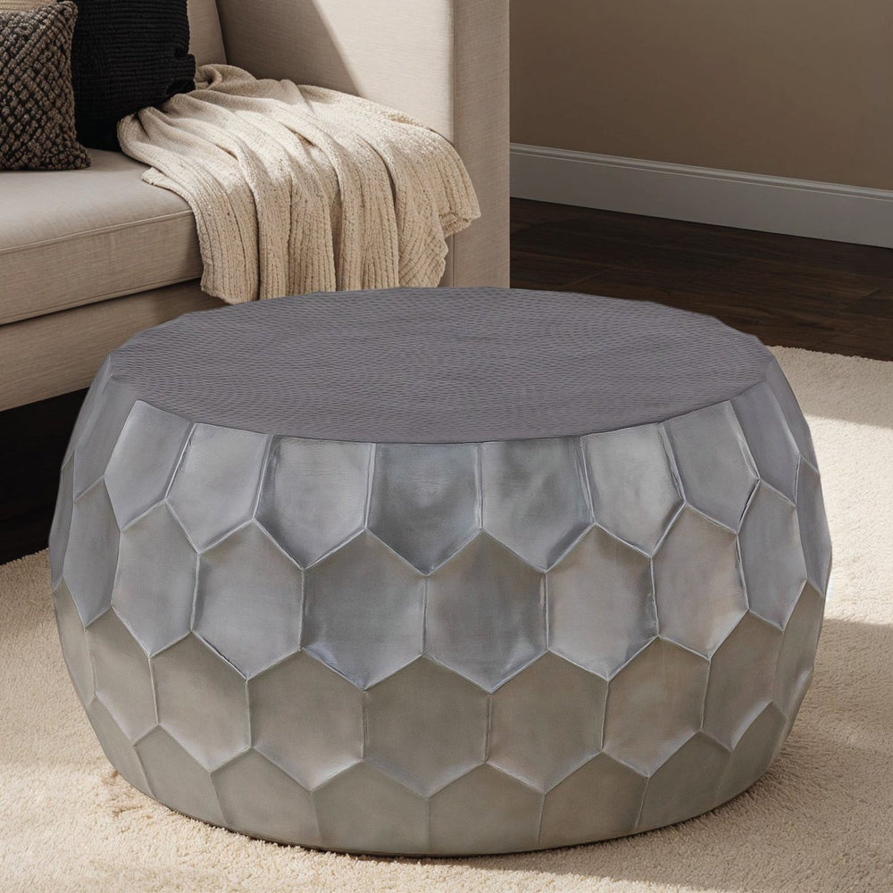 English Elm Modern Round Hand-Hammered Aluminum Coffee & End Table Set — Hexagonal Patterned Artisanal Design Silver B009S01530
