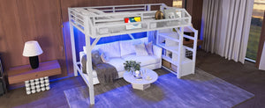 English Elm Full Xl Over Twin Triple Metal Bunk Bed with Storage Stairs and Shelves Black White W1580S00408
