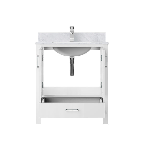 English Elm White 30 in. Bath Vanity with Carrara Marble Top, Soft-Close Drawer, Chrome Faucet, Spacious Storage B2731P258993