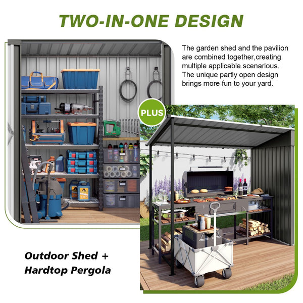 English Elm 12x4ft Steel Lean to Shed with Open Pergola Combo Backyard Storage and Shaded Patio W3213S00011