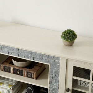 English Elm 70" Modern TV Stand with Faux Stone Top, Spacious 2-Door Media Console with Cable Management and Adjustable Shelves, Vintage Metal Handles, Durable MDF Construction for Living Room Entertainment (Fits up to 75") White W2275P342690