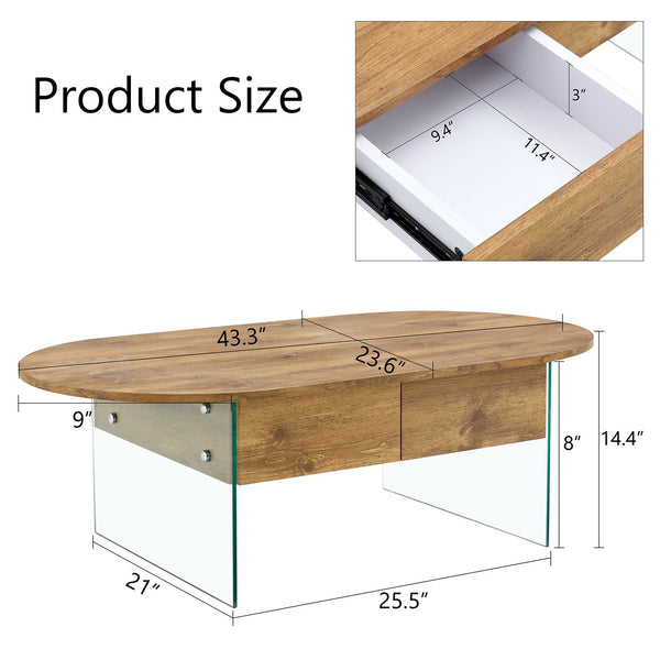 English Elm Coffee modern wood coffee table with double drawers, tempered glass sides, sleek storage & easy assembly W1151P191785
